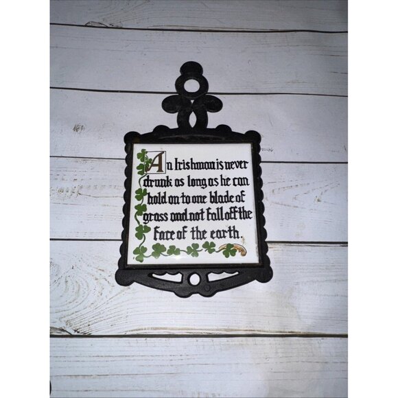 Vintage Irish Blessing Black Cast Iron Frame Ceramic Tile Trivet 5" x 9" - Picture 3 of 3